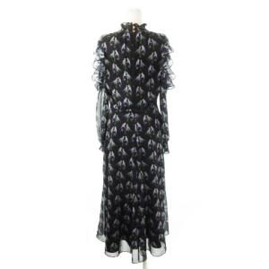 TED BAKER シフォンワンピース ロング ハイネック 長袖 オープンショルダー エアリー フリル バード 鳥 総柄 1