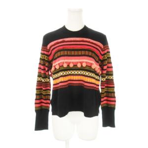 ニット セーター クルーネック 長袖 フリンジ ポンポン ウール ボーダー インターシャ M 黒 ブラック