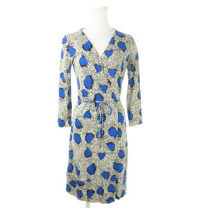 カシュクールワンピース ひざ丈 七分袖 ストレッチ 絹 シルク 総柄 リボン 2 M 青 ブルー /AO15