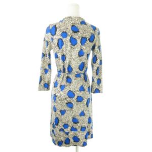DIANE von FURSTENBERG カシュクールワンピース ひざ丈 七分袖 ストレッチ 絹 シルク 総柄 リボン 2 M 青 ブルー /AO15
