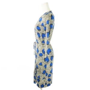 DIANE von FURSTENBERG カシュクールワンピース ひざ丈 七分袖 ストレッチ 絹 シルク 総柄 リボン 2 M 青 ブルー /AO15