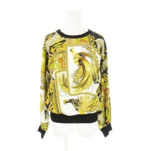 シルクカットソー ラウンドネック 長袖 絹 切替 リブ 孔雀 総柄 ONE 黄 イエロー /AH10 GY19