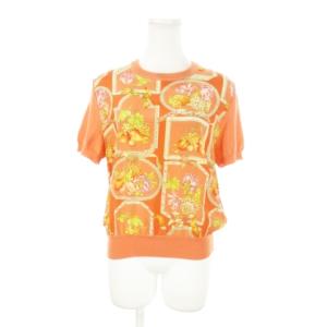 ニット セーター ラウンドネック 半袖 ウール シルク 絹 切替 フルーツ 花柄 S オレンジ /AH9