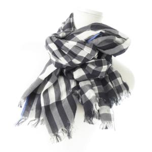 ストール マフラー 大判 薄手 シルク混 絹 切替 チェック フリンジ 黒 ブラック グレー /CK25