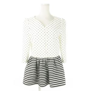 ペプラム ブラウス 七分袖 切替 ドッキング ドット ボーダー 総柄 38 M 白 ホワイト /AO7