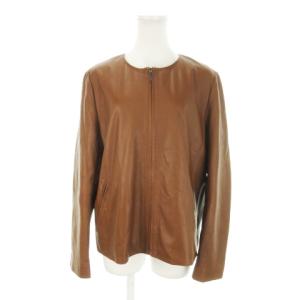 レザージャケット 革ジャン ノーカラー ジップアップ ラムレザー 大きいサイズ 44 XXL 茶 ブラウン