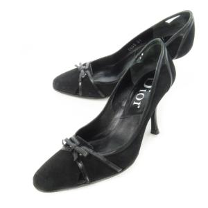 パンプス ハイヒール ピンヒール スエード レザー 革 リボン 35.5 22.5cm 黒 ブラック /CK20