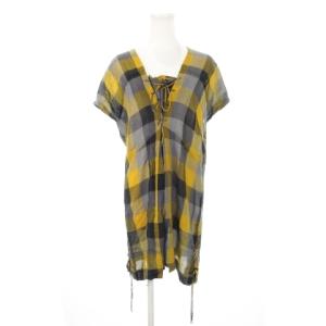 ワンピース ミニ 半袖 切替 レースアップ リボン チェック 1 S 黄 イエロー /MN13 GY19
