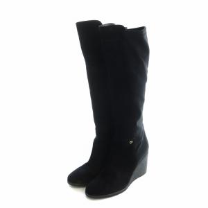 Salvatore Ferragamo ロングブーツ ウェッジソール 切替 ロゴ スエード 8.5 25.5cm 黒 ブラック GY19 /MQ