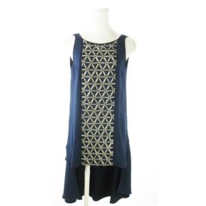 ブラウス カットソー ラウンドネック ノースリーブ レイヤード ヘムデザイン リボン ビーズ 2 M 紺