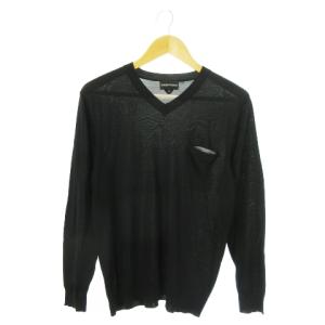 長袖ニット セーター Vネック ポケット ロゴ刺繍 薄手 48 M 黒 ブラック /AO5 GY19