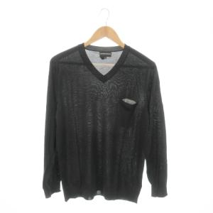 ニット セーター Vネック 長袖 シルク 絹 カシミヤ混 薄手 胸ポケット ロゴ刺繍 48 M 黒 ブラック