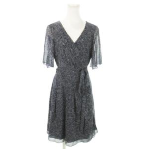 カシュクールワンピース ミニ 半袖 絹 シルク リボン ドット 総柄 6 M 紺 ネイビー /AO5 GY19