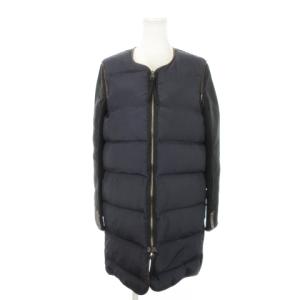 ダウンコート ノーカラー ダブルジップ ロング 切替 パイピング レザー 40 L 紺 ネイビー /MN4