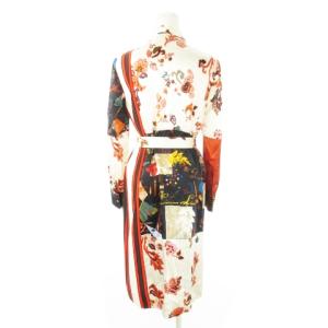 TORY BURCH シャツワンピース ひざ丈 長袖 シルク混 絹 サテン 切替 ロゴ 総柄 ベルト付き 小さいサイズ 0 XS