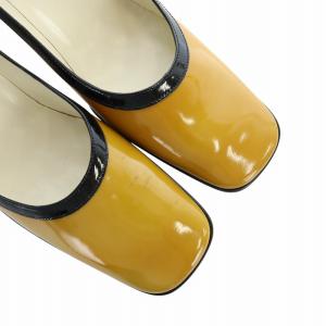 PRADA パンプス スクエアトゥ チャンキーヒール ストラップ エナメル ロゴ 37 23cm 黄 イエロー オレンジ