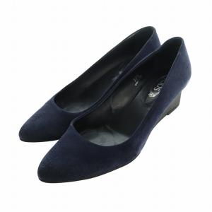 パンプス ウェッジソール スエード ロゴ ポインテッドトゥ 37.5 24.5cm 紺 ネイビー GY19