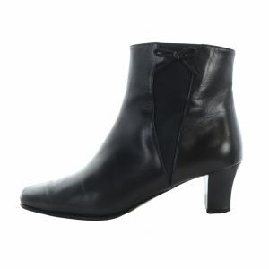 ブーティ サイドゴア ショートブーツ リボン ロゴ スクエアトゥ レザー 5.5 23cm 黒 ブラック