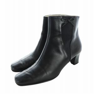 Salvatore Ferragamo ブーティ サイドゴア ショートブーツ リボン ロゴ スクエアトゥ レザー 5.5 23cm 黒 ブラック