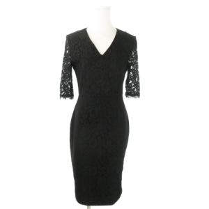 STUDIO 切替ワンピース ひざ丈 Vネック 五分袖 レース ストレッチ 透け感 2 M 黒 ブラック
