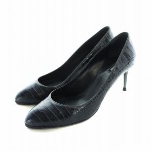 パンプス ハイヒール ラウンドトゥ ロゴ レザー 型押し 38 23cm 黒 ブラック GY19 /MQ