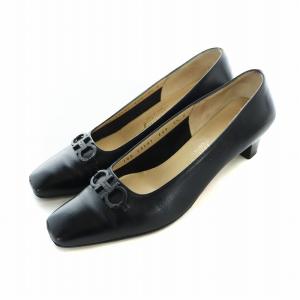 パンプス スクエアトゥ リボン レザー ロゴ 5.5 22.5cm 黒 ブラック GY19 /MQ