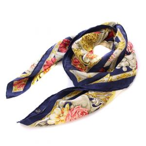 スカーフ シルク 総柄 ロゴ 花柄 紺 ネイビー マルチカラー /BB OH GY19 MT