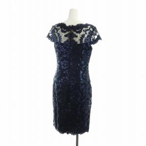 TADASHI SHOJI ドレス ワンピース レース ロング スパンコール フレンチスリーブ ジップフライ 2 M 紺 ネイビー