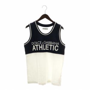 タンクトップ ノースリーブ カットソー 裏地パイル地 クルーネック ロゴ プリント L 白 ホワイト 紺