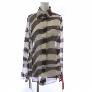 シャツ ブラウス 長袖 シアー シースルー 袖開き セブラ柄 ボーダー 総柄 茶 ブラウン 白 ホワイト