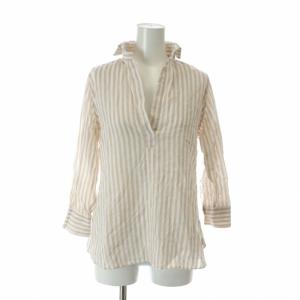 イタリア製 シャツ ブラウス 麻 リネン 七分袖 プルオーバー ストライプ 総柄 40 M 白 ホワイト