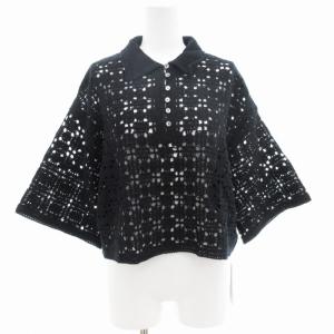 タグ付き クロッシェライクポロニット カットソー メッシュ 半袖 リネン混 F 黒 ブラック FWNT232065