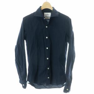 フランネルシャツ オックスフォードシャツ 長袖 スリムフィット イタリア製 変形襟 ロゴ 総柄 37 紺