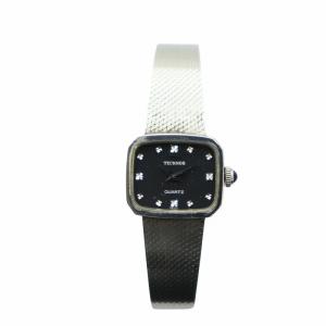 TECHNOS 腕時計 ウォッチ クォーツ 黒文字盤 ロゴ スクエア ラインストーン シルバー色 1708010 GY04