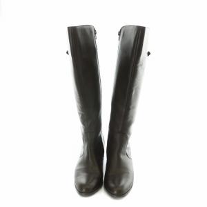 himiko ロングブーツ レザー チャンキーヒール ラウンドトゥ ロゴ 25.5cm 茶 ブラウン GY04 /MQ