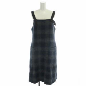 近年モデル ワンピース ロング ウール チェック柄 総裏地 38 M 青 ブルー 黒 ブラック 灰 グレー