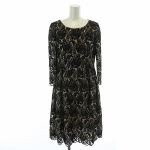 ワンピース ひざ丈 長袖 ビーズ レース 花柄 総柄 タグ付き 40 黒 ブラック ベージュ /MW GY18