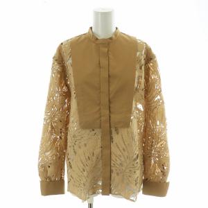 ケミカルレーススタンドカラーヨークブラウス シャツ 長袖 ノーカラー バンドカラー 総柄 F 茶 ブラウン