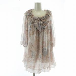 ブラウス カットソー 五分袖 フリル シアー シースルー 花柄 総柄 タグ付き 38 ピンク マルチカラー