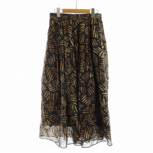 フレアスカート タグ付き ロング ウエストゴム 総柄 麻 リネン 2 茶 ブラウン 黒 ブラック GY18