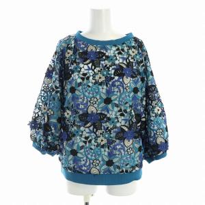 カットソー 長袖 刺繍 レース 花柄 クルーネック 42 XL 青 ブルー GY18 /MQ