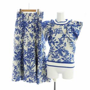 セットアップ 上下 カットソー ロングスカート ノースリーブ レース ニット フレア F 38 M 青