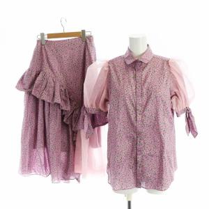 セットアップ タグ付き 上下 ブラウス 半袖 ロングスカート レース フレア 総柄 F 38 M 紫 GY18