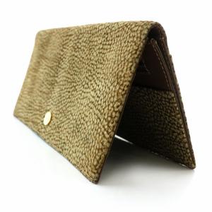 BORBONESE 長財布 二つ折り財布 小銭入れ有りうずら柄 レザー メタルパーツ スナップボタン カード収納可 茶色 ブラウン