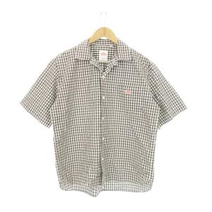 半袖シャツ オープンカラー レギュラー カジュアル ロゴ刺繍 コットン チェック 総柄 38 S 茶 ブラウン