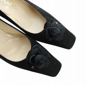 CHANEL カメリア パンプス スクエアトゥ ココマーク スエード 36.5 ブラック