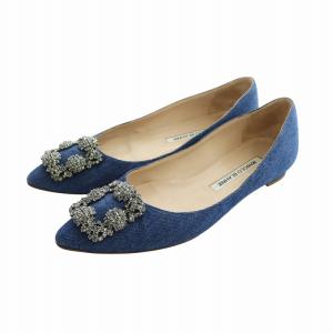 ハンギシ パンプス デニム ビジュー 35 ブルー