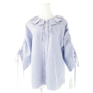 ブラウス 襟付き 七分袖 ギャザースリーブ リボン フリル ストライプ 2 M 青 ブルー /CK16