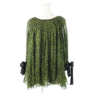 シルクブラウス ラウンドネック 七分袖 絹 シアー タック 袖口リボン 星柄 スター 総柄 40 M 緑