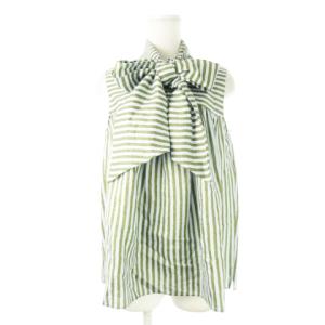 ブラウス ボウタイ リボン ノースリーブ 麻 リネン ネップ ストライプ 1 S 緑 グリーン /CK17
